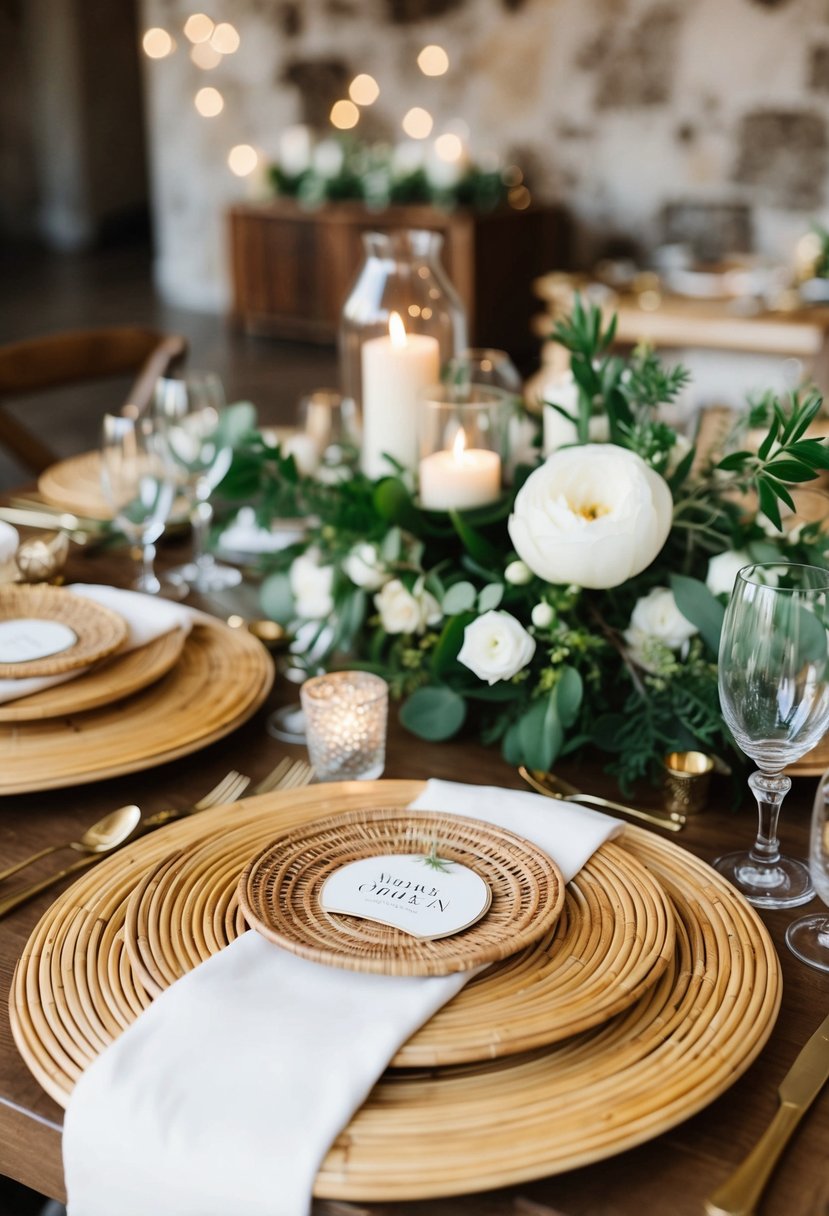 A table set with bohemian rattan chargers, adorned with chic wedding decor