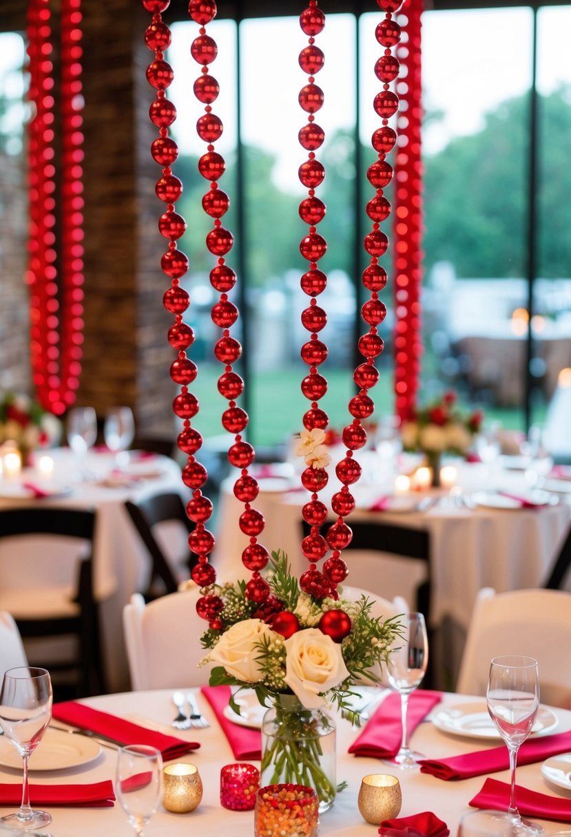 Red beaded garlands hang from a wedding table, adding a festive touch to the decor