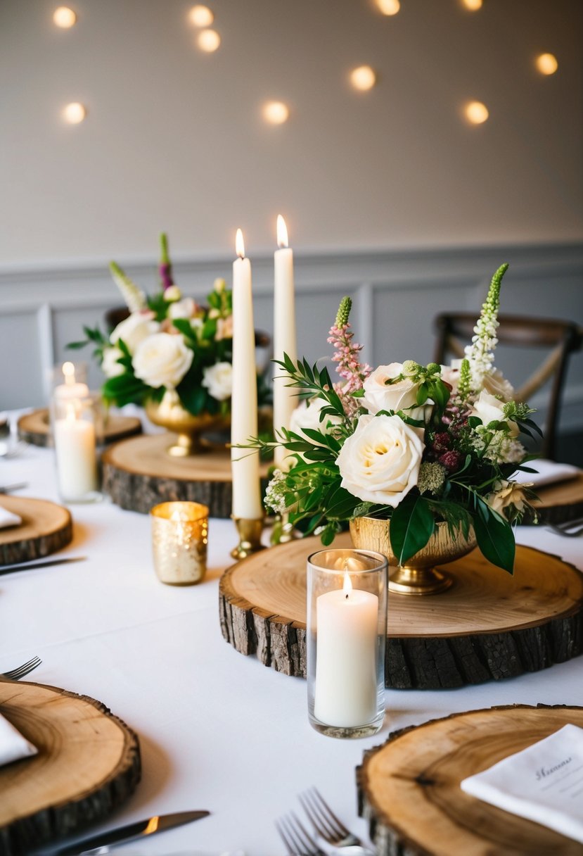 Wooden slabs arranged with floral centerpieces and candles for chic wedding table decor