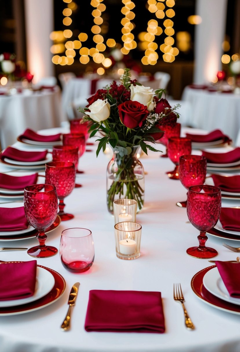 A table set with ruby red glassware and matching decor for a wedding celebration