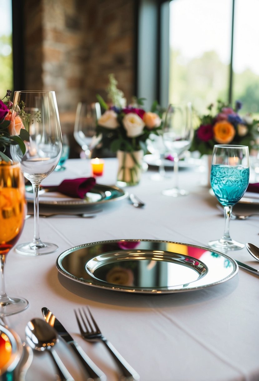 Mirrored plate bases reflect colorful wedding table decor