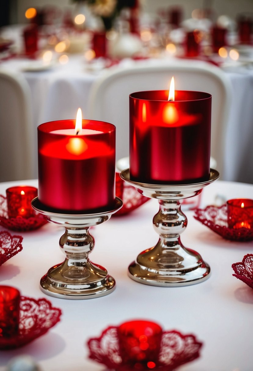 Two metallic red candle holders sit on a white table, surrounded by delicate red wedding decorations