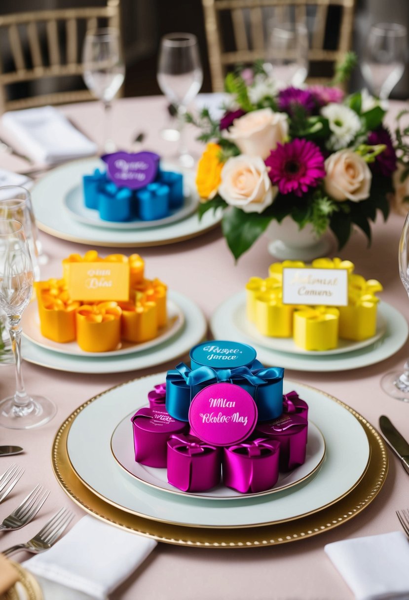 Colorful personalized wedding favors arranged on plates, surrounded by elegant table decorations and floral centerpieces