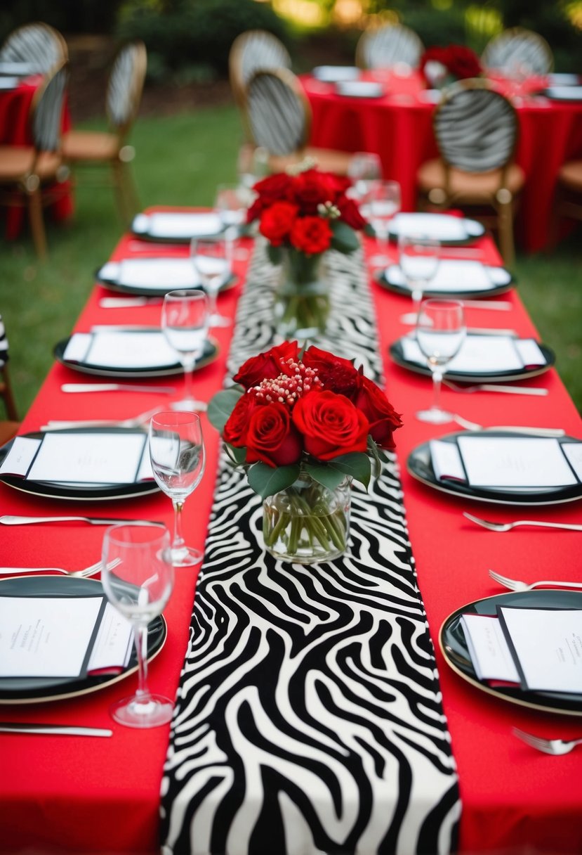 A table set with red tablecloth and zebra print runners