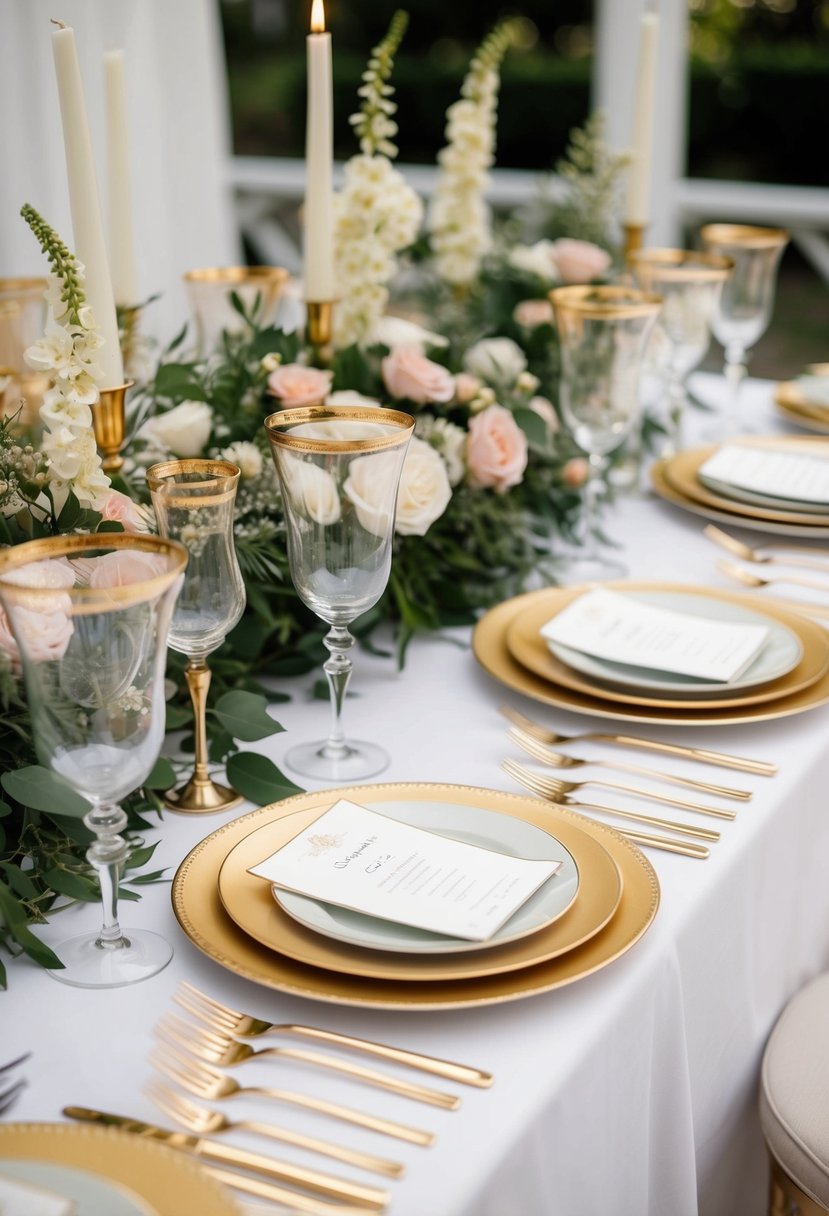 Gold-rimmed glassware arranged on a white tablecloth with floral centerpieces and elegant place settings