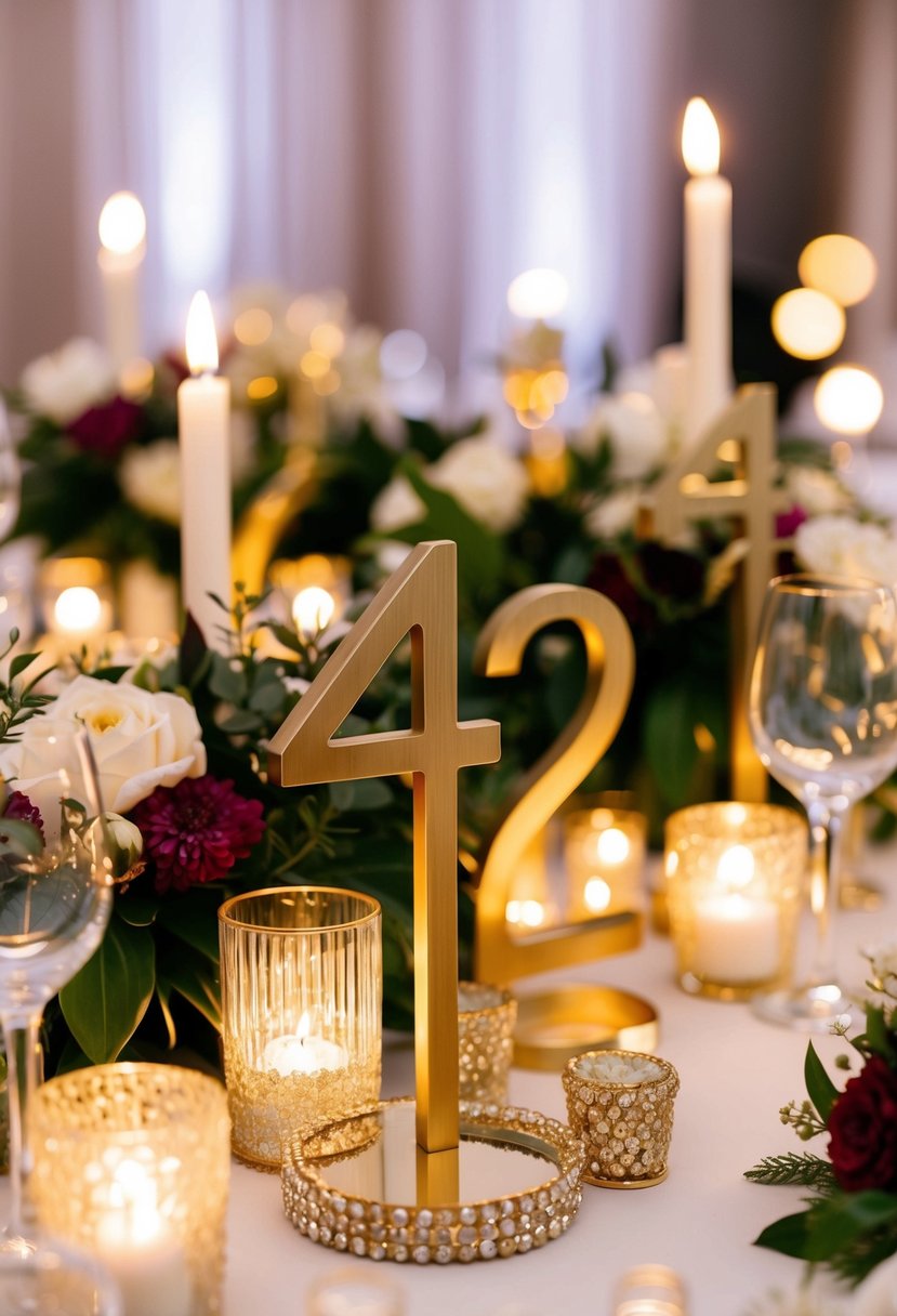 Golden table numbers surrounded by lush floral centerpieces and sparkling candlelight, creating an opulent and celebratory wedding table decoration