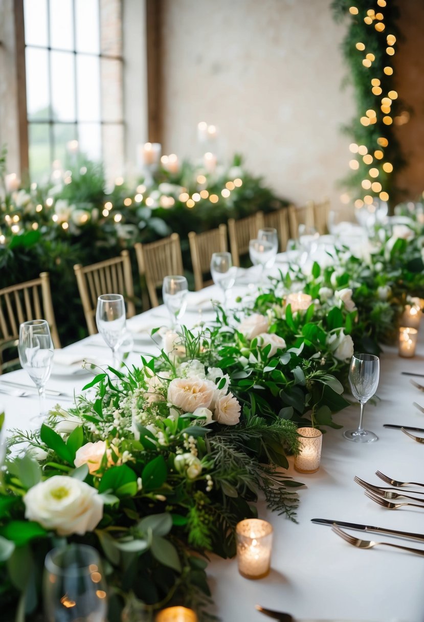 Lush greenery adorns a wedding table, intertwined with delicate flowers and twinkling fairy lights