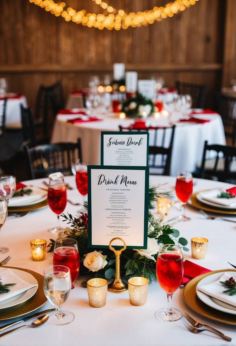 Tables adorned with festive wedding decor, featuring signature drink menus as centerpieces