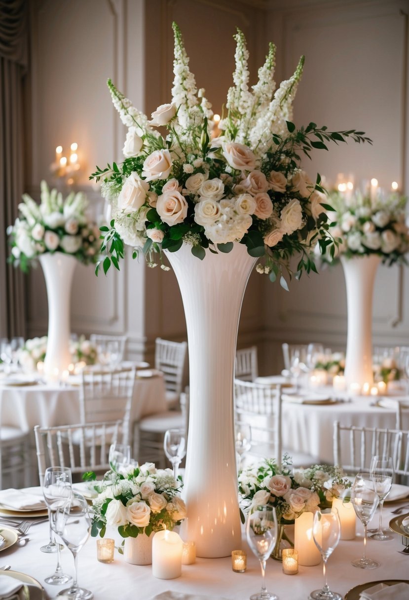 Elegant tall vase centerpieces adorn a chic wedding table, featuring delicate floral arrangements and soft candlelight