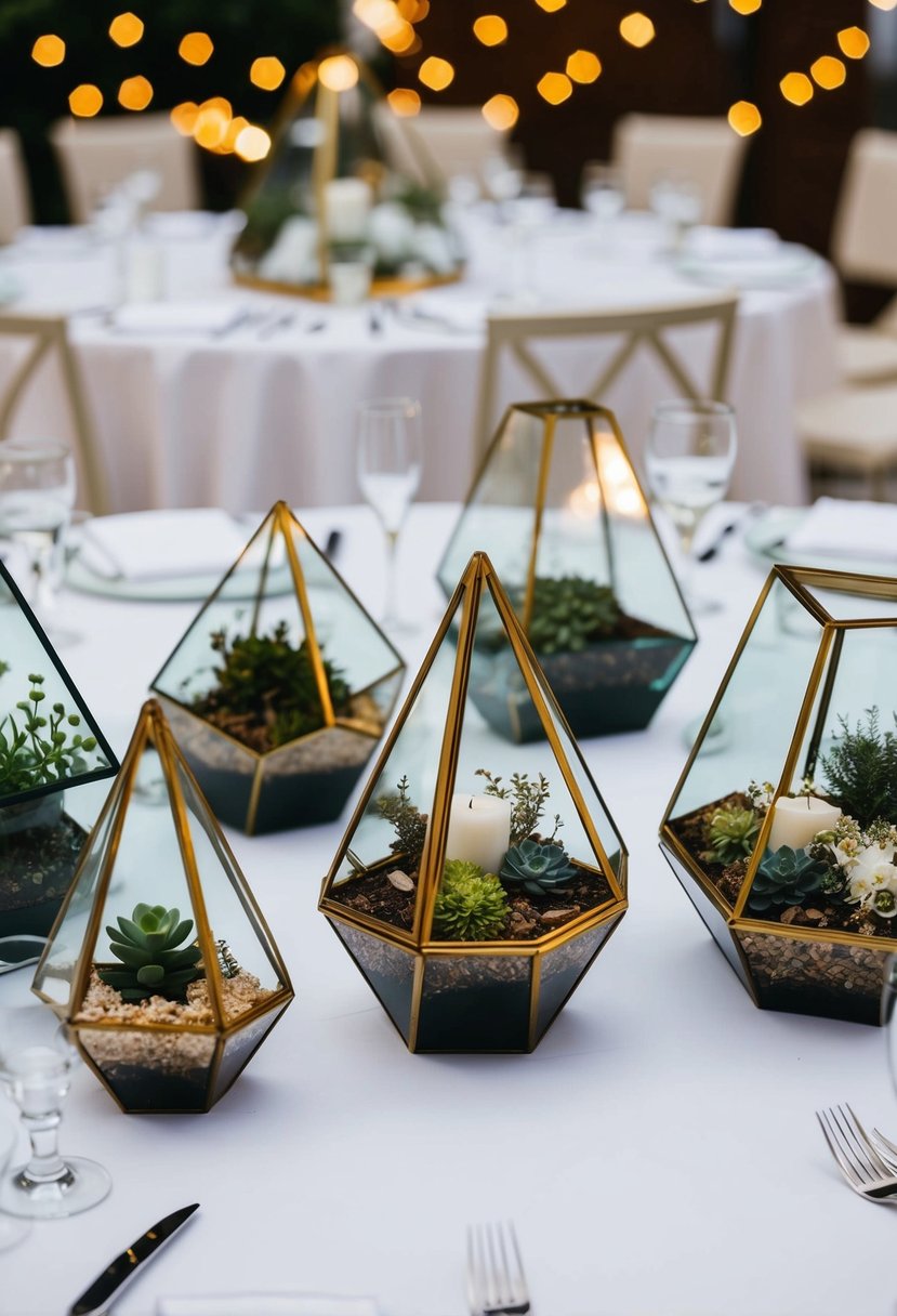 Geometric terrariums arranged as chic wedding table decor