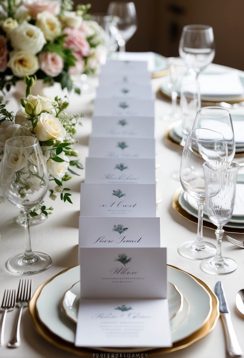 Elegant place cards arranged on a beautifully set wedding table, surrounded by floral centerpieces and delicate tableware