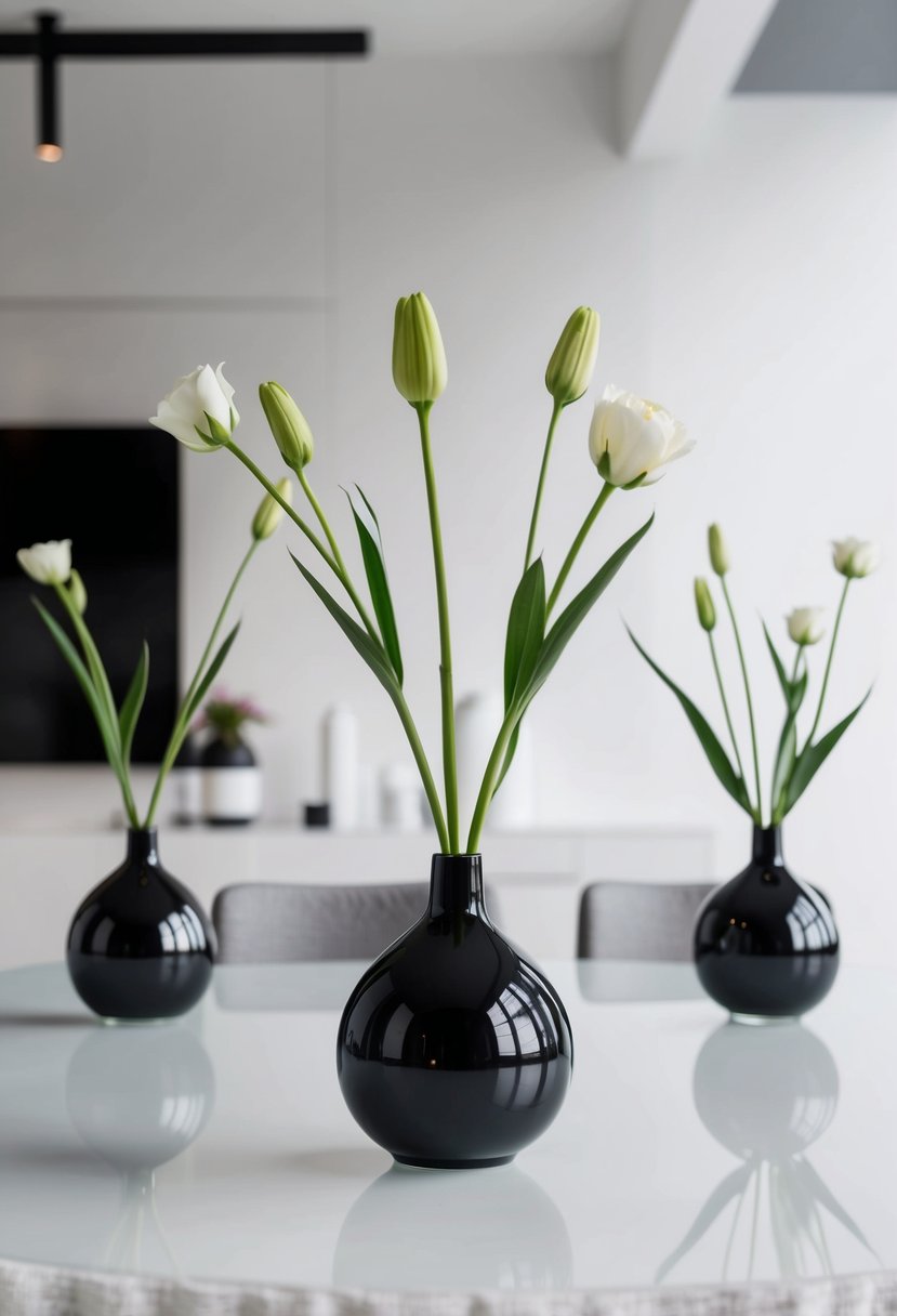 A table set with sleek bud vases holding single stems, against a backdrop of modern, minimalist decor