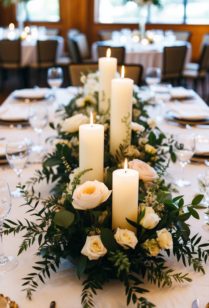 A square table adorned with elegant floral centerpieces and delicate candle arrangements for a wedding celebration