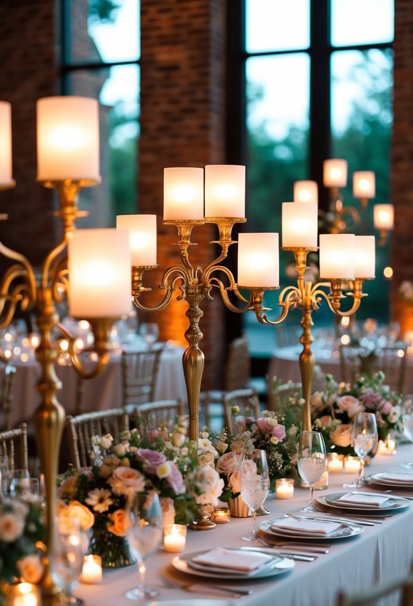 Elegant candelabras cast warm light on a stylish wedding table, adorned with delicate flowers and chic decor