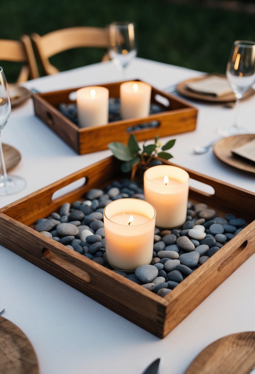 Wooden trays hold pebbles and candles on a square table, creating a rustic wedding centerpiece