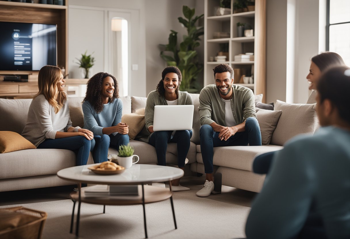 A cozy living room with a family gathered around a table, discussing financial options. A logo for OneMain Financial is visible on a laptop screen