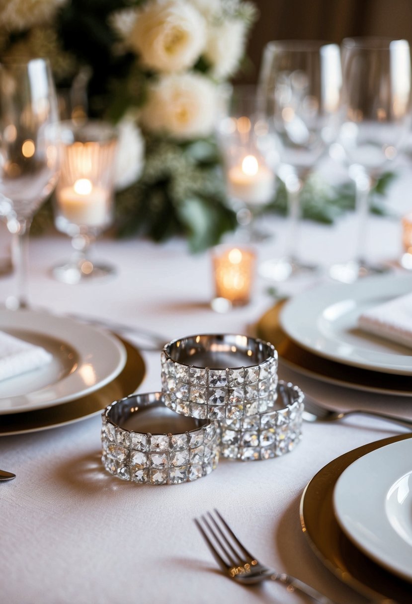 Glistening crystal napkin rings arranged on a stylish wedding table setting