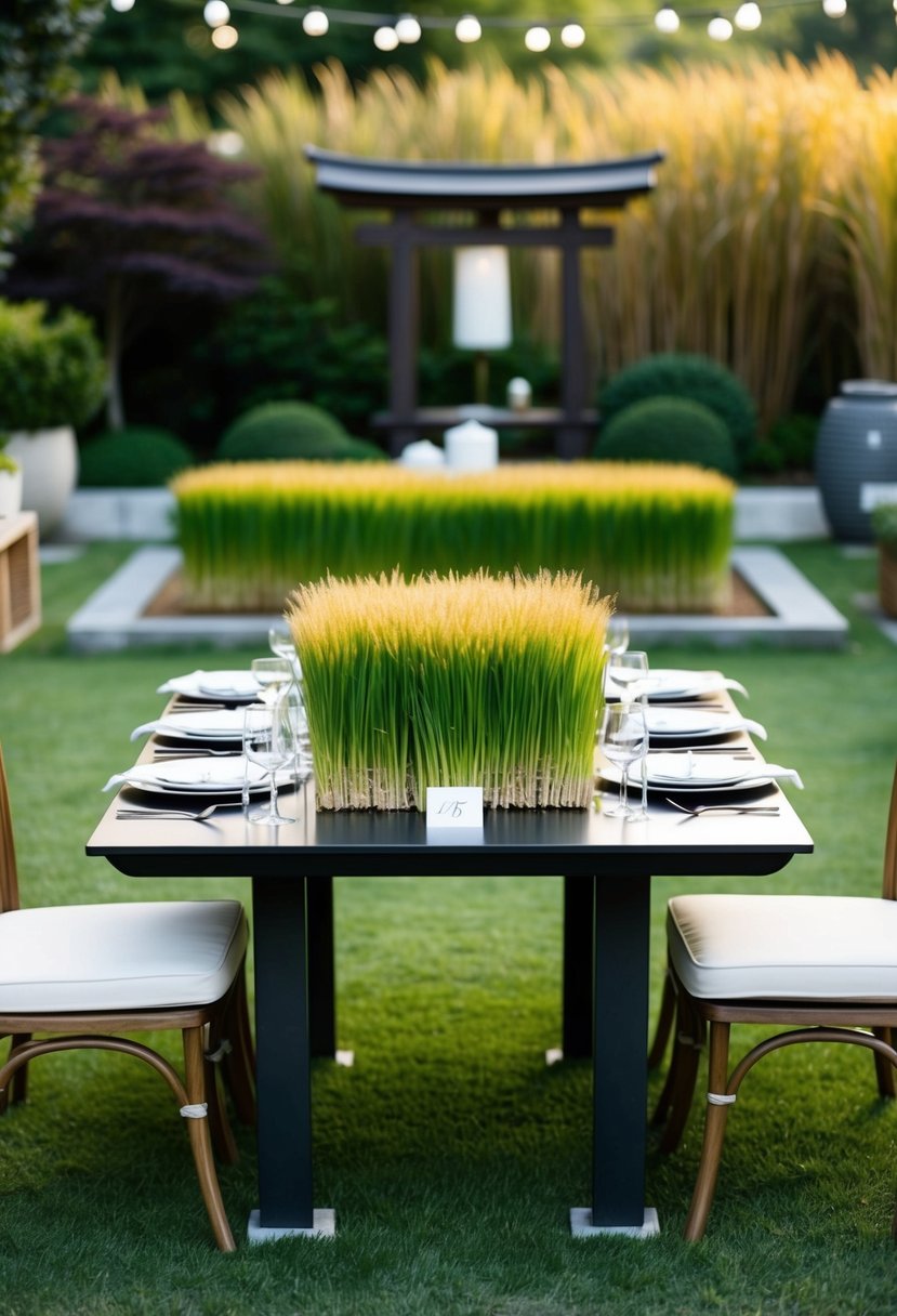 A Japanese garden with a square wheatgrass table adorned with wedding decorations