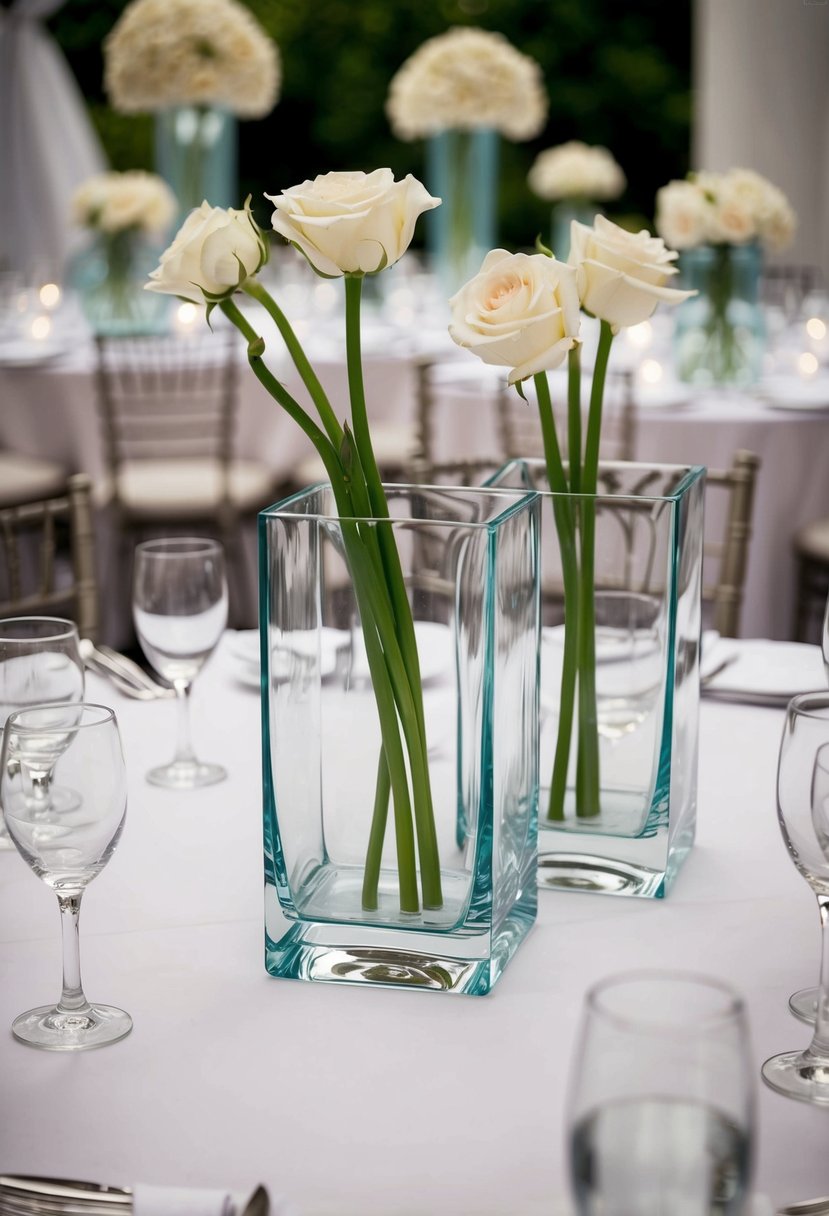 Clear square glass vases arranged as centerpieces on a square table for a wedding decoration