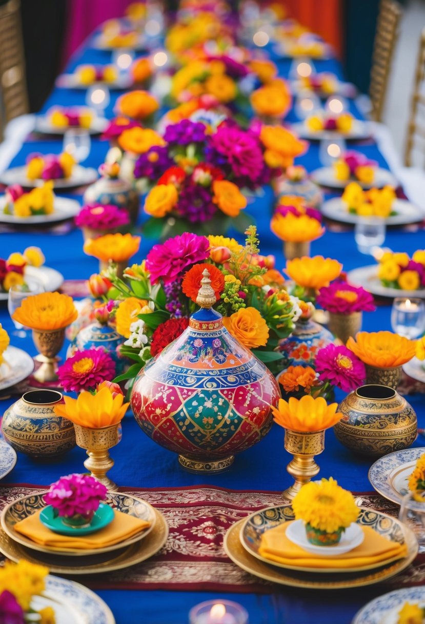 A colorful array of traditional cultural wedding table decorations, including vibrant flowers, ornate centerpieces, and intricate textiles