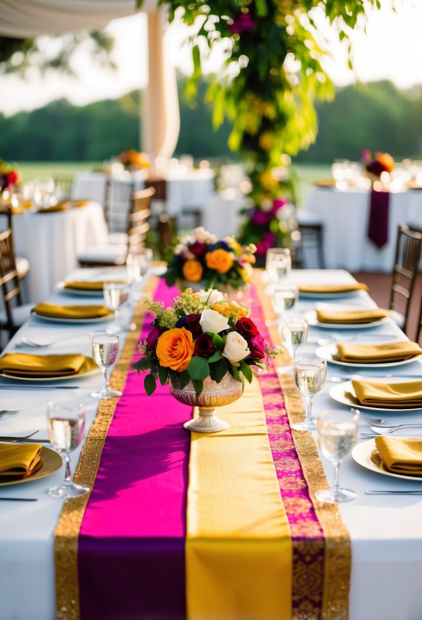 Lush, vibrant table runners in rich colors adorn a square wedding table, creating a lush and elegant atmosphere