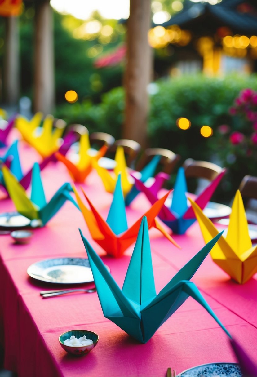 Vibrant origami cranes adorn tables, symbolizing peace and longevity at a traditional Japanese cultural wedding