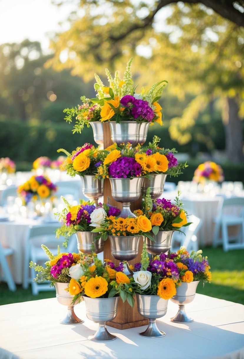 A square table adorned with overflowing compotes filled with colorful flowers for a wedding decoration