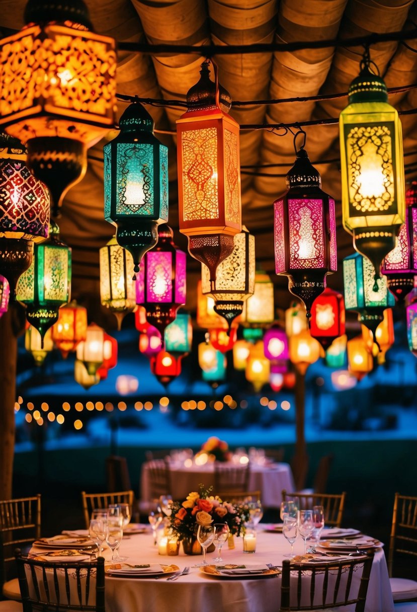 Colorful Moroccan lanterns casting intricate patterns on a wedding table