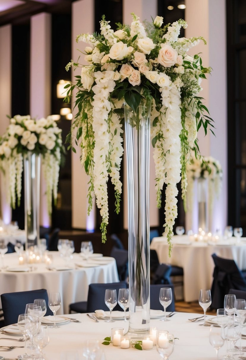 Tall vases with cascading flowers adorn a square wedding table, adding elegance to the decor