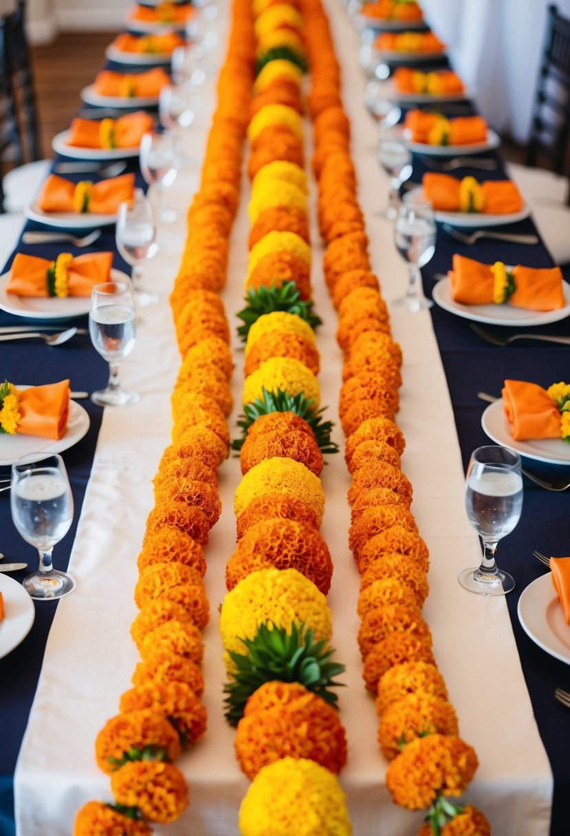 Indian Marigold garlands draped as table runners, adorned with vibrant orange and yellow flowers, creating a colorful and cultural wedding decoration