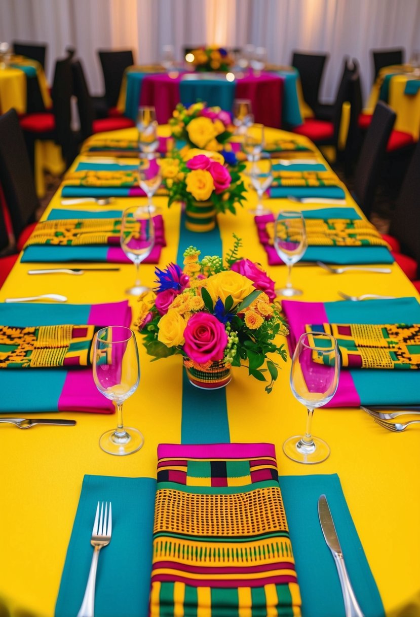 A vibrant table set with Kente cloth placemats, napkins, and centerpieces, evoking African cultural wedding decor