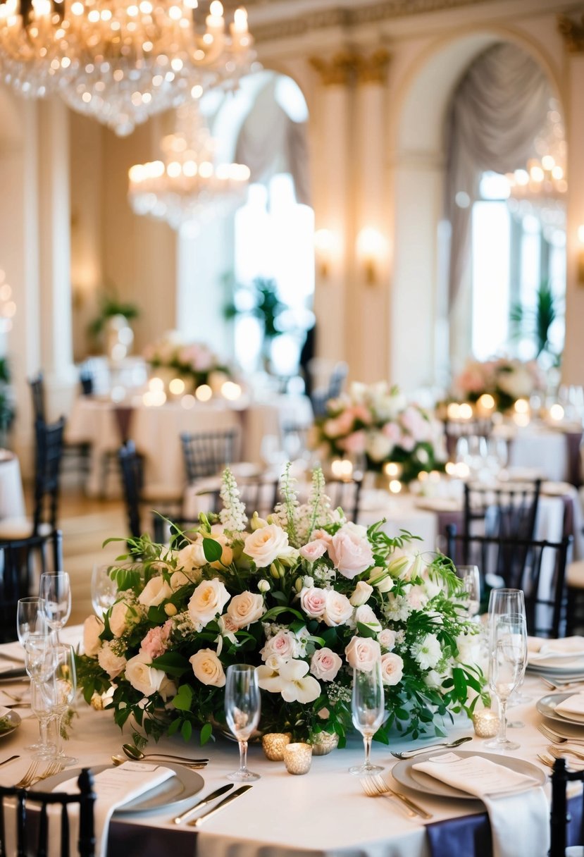 A square table adorned with opulent floral arrangements for a glamorous wedding