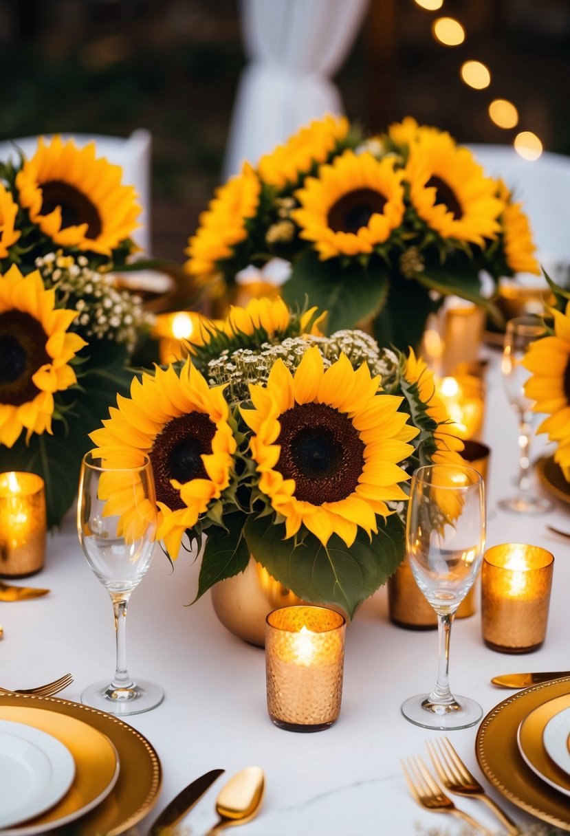 A table adorned with sunflower centerpieces, surrounded by golden place settings and warm candlelight