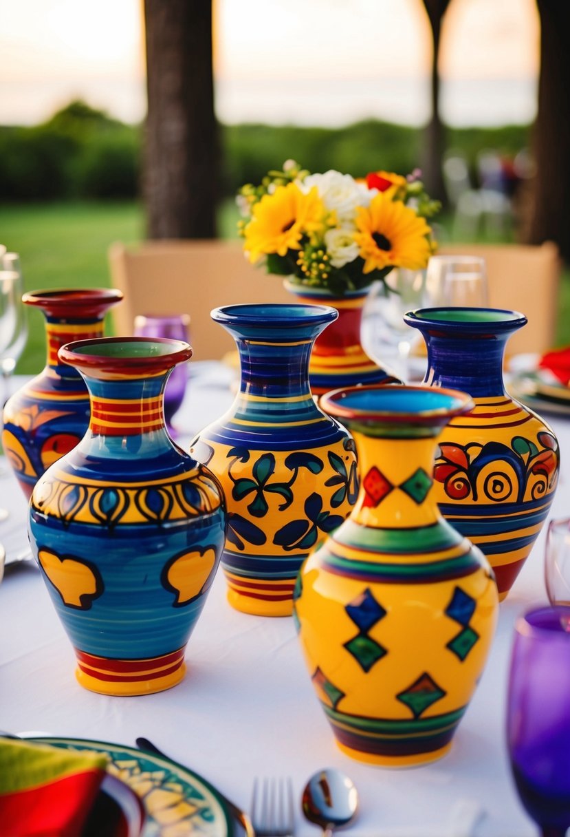 Colorful Mexican Talavera pottery vases arranged as table centerpieces for a cultural wedding celebration