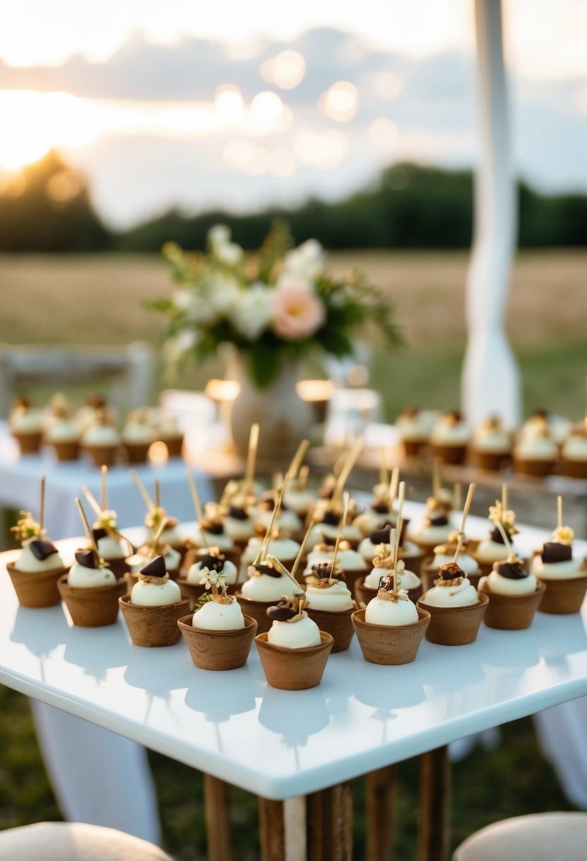 Mini compotes arranged on a square table with rustic decor for a wedding