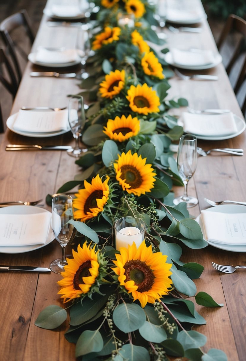 A long garland of sunflowers and eucalyptus leaves drapes across a wooden wedding table, creating a vibrant and natural centerpiece