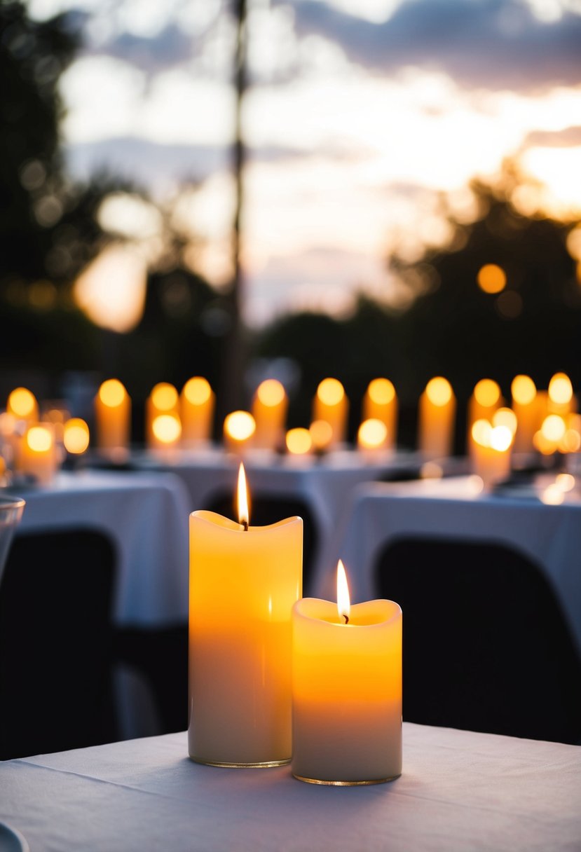 Romantic candles flicker on a square table, casting a warm glow for a wedding ambiance