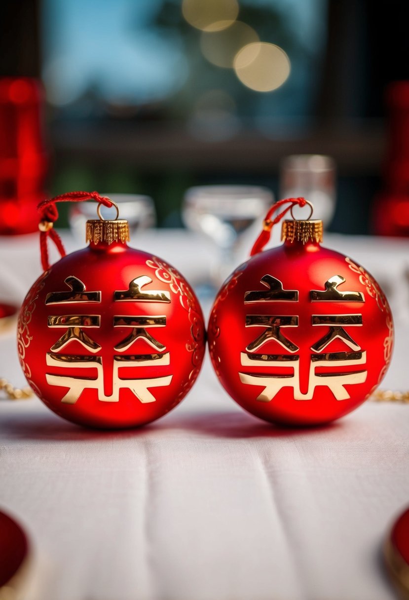 Two red Chinese Double Happiness symbol ornaments on a wedding table