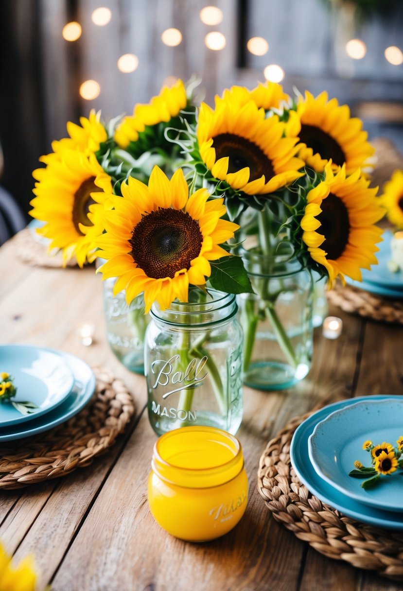 A wooden table set with mason jars filled with sunflowers, surrounded by rustic decor