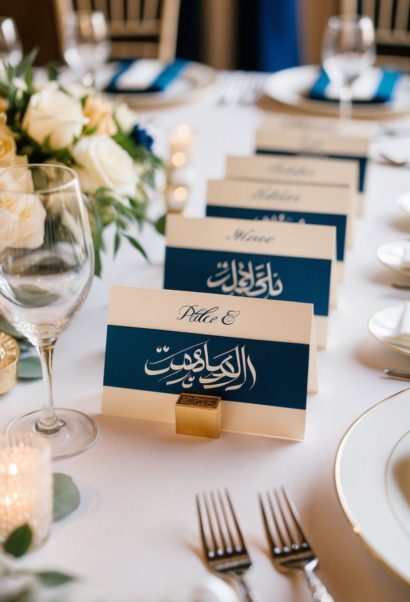 Middle Eastern calligraphy place cards arranged on a beautifully set wedding table