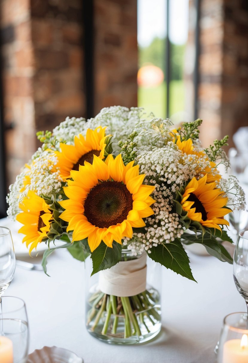 A vibrant sunflower and delicate baby's breath bouquet sits as a centerpiece on a wedding table, adding a touch of natural beauty to the decor