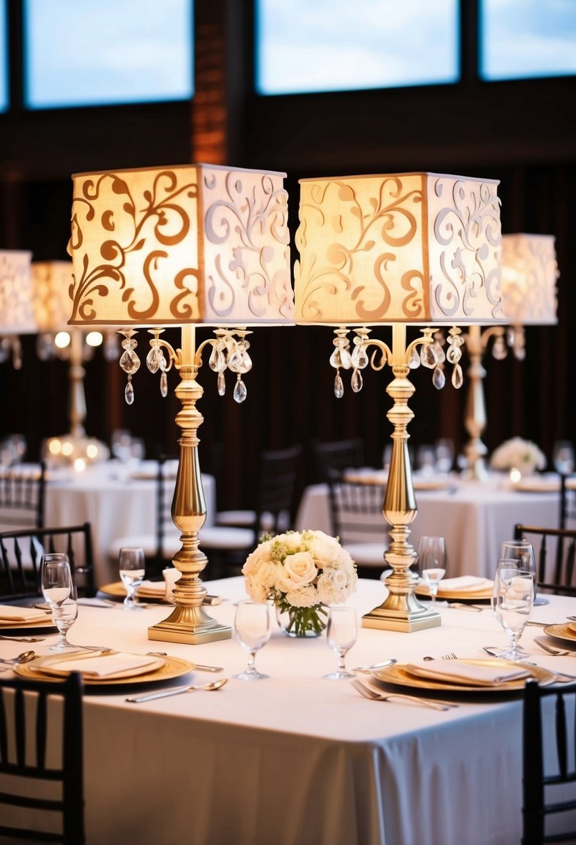 An elegantly decorated square table with decorative table lamps for a wedding centerpiece