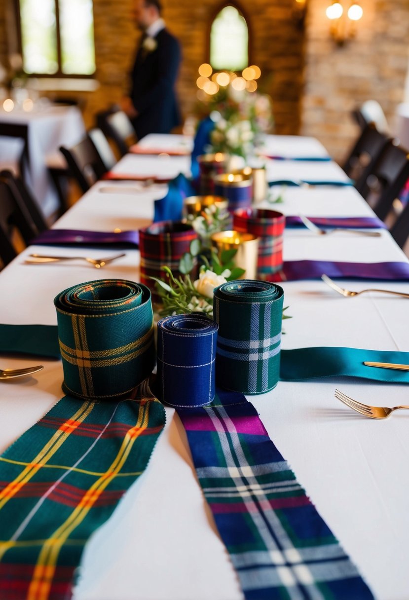 A table adorned with Scottish tartan ribbons in various colors and patterns, creating a cultural and festive wedding decor