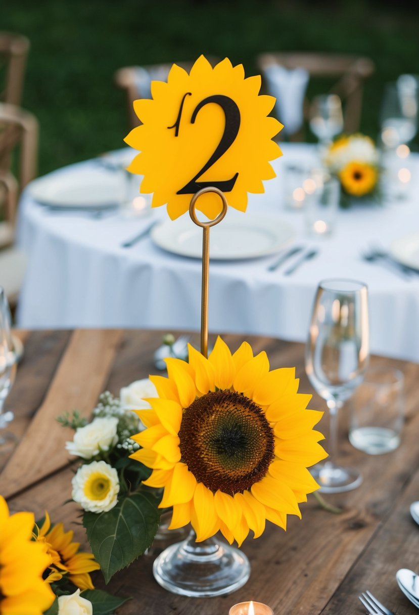 A sunflower table number holder stands tall amidst a rustic wedding table setting, adding a pop of bright yellow to the decor