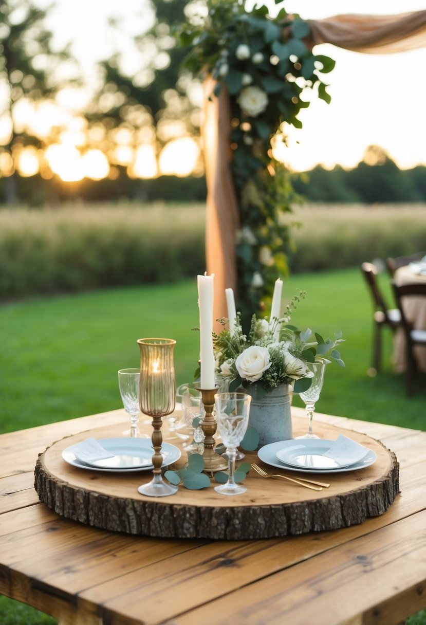 A square wooden table adorned with rustic elements for a wedding decoration