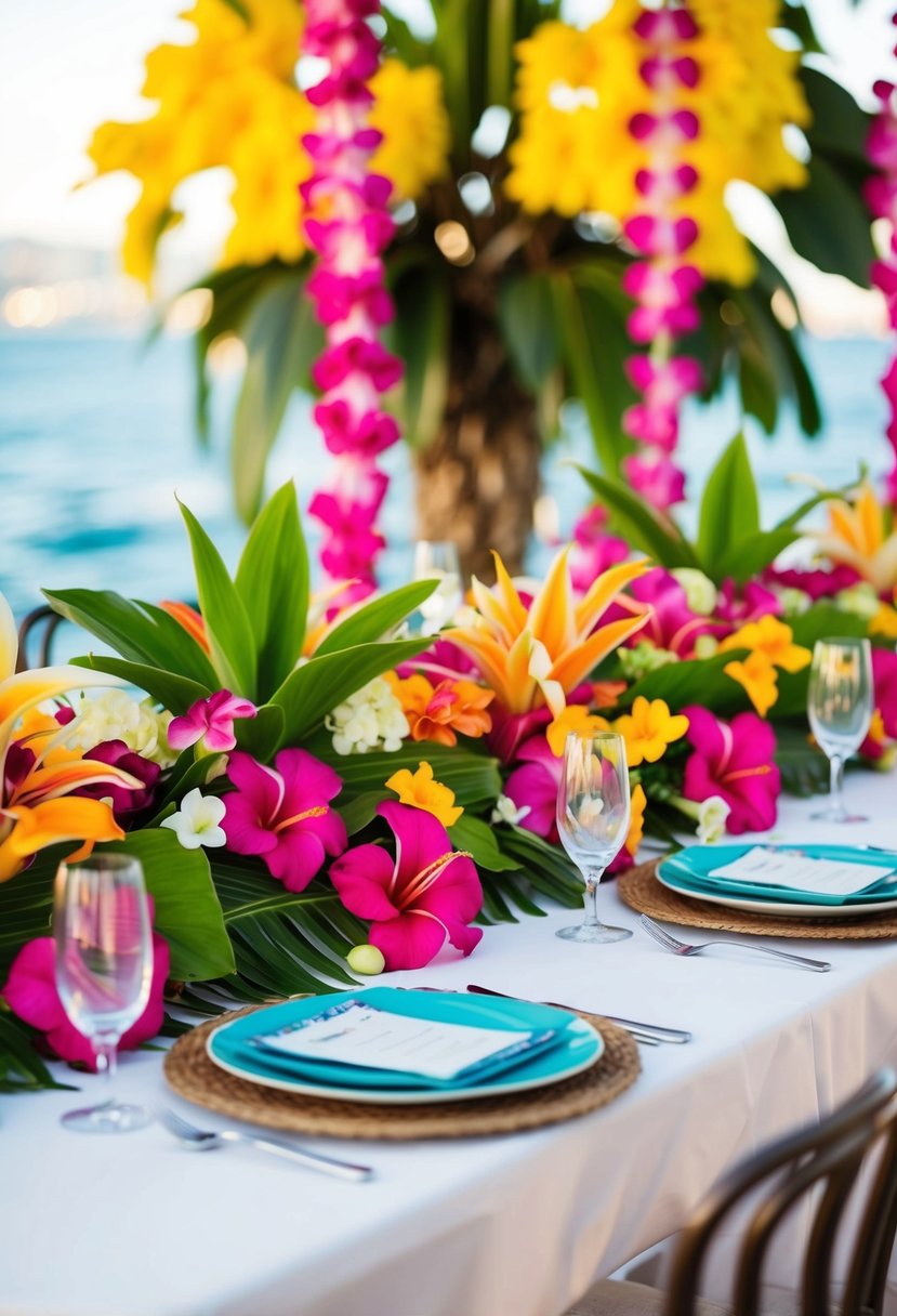 A table adorned with vibrant Hawaiian lei-inspired floral arrangements