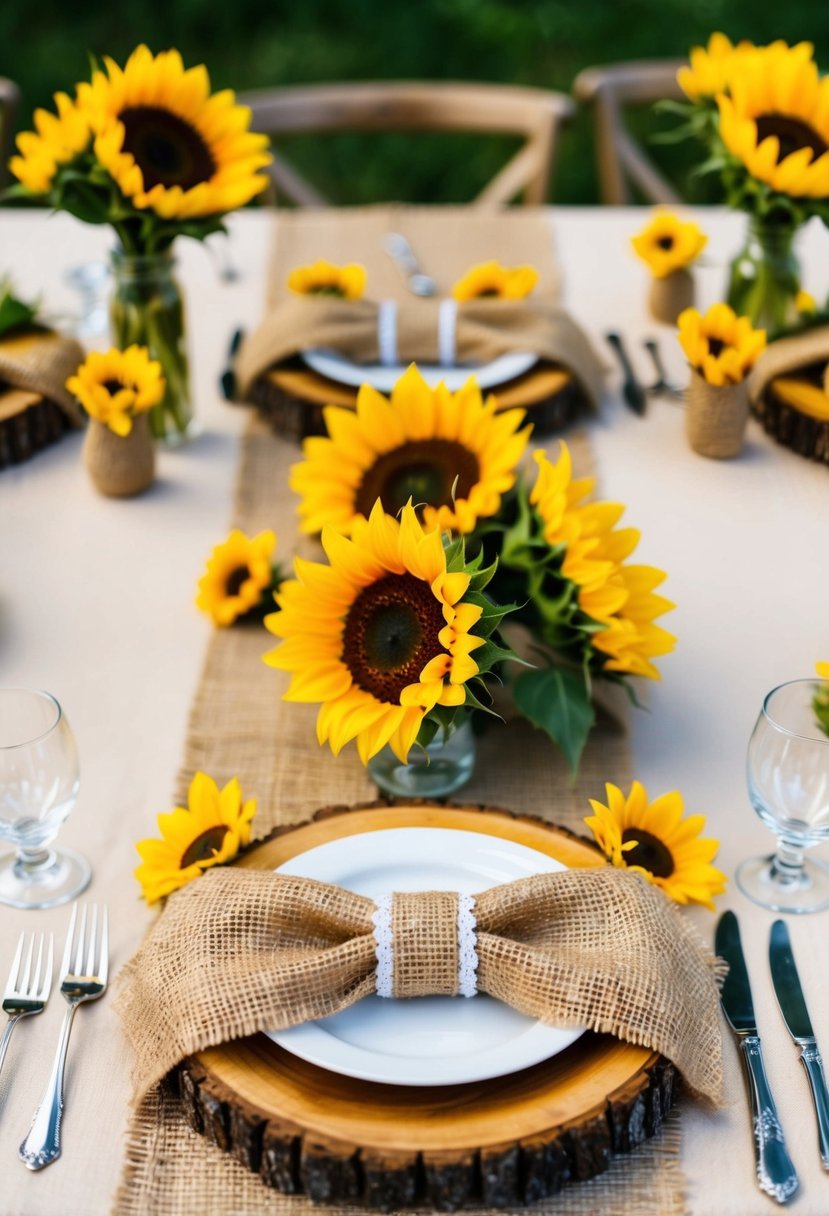 Sunflower and burlap napkin rings arranged on a rustic wedding table with sunflower centerpieces and natural decor