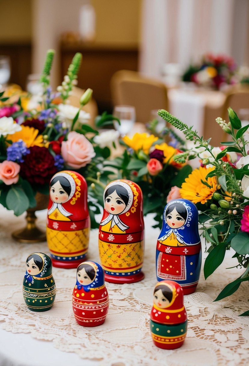 A table adorned with Russian Matryoshka dolls in traditional wedding attire, surrounded by colorful floral arrangements and delicate lace tablecloths