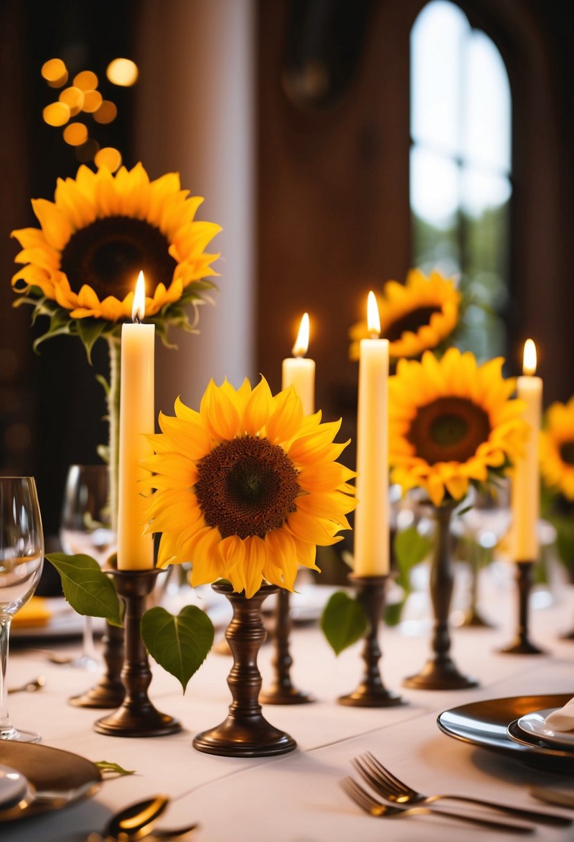 Sunflower candle holders adorn wedding table, casting warm glow on delicate petals and leaves