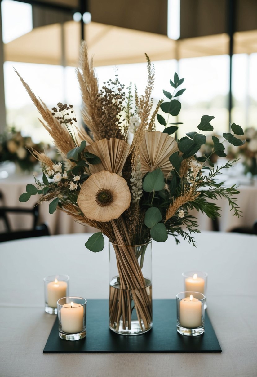 Dried florals and greenery arranged on a square table for a wedding centerpiece